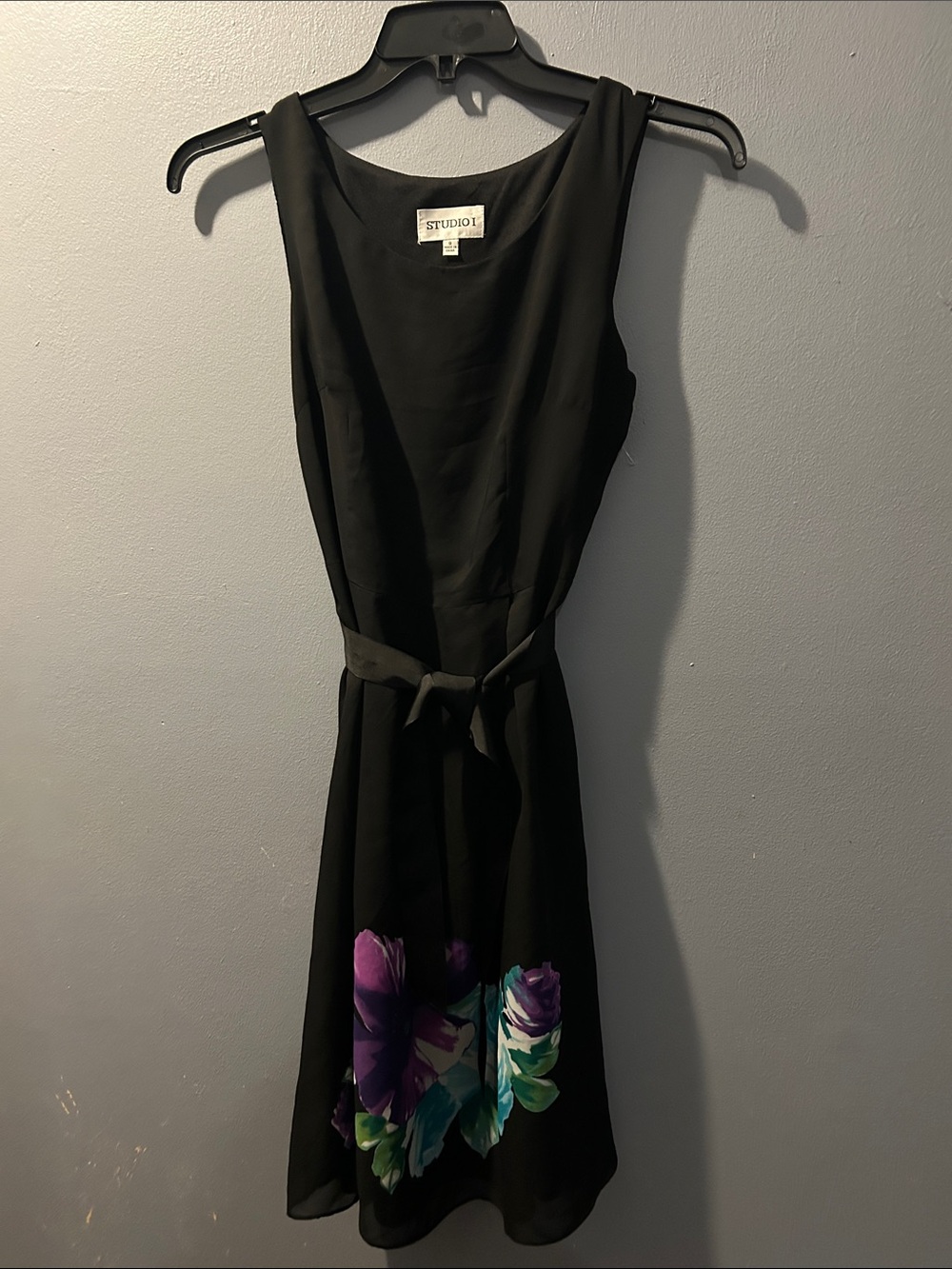 Studio I Black Midi Dress with Purple & Teal Floral Hem